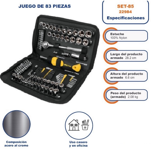 JUEGO DE HERRAMIENTAS MECANICA DADOS PUNTAS LLAVES ALLEN MALETIN 85 PIEZAS PRETUL
