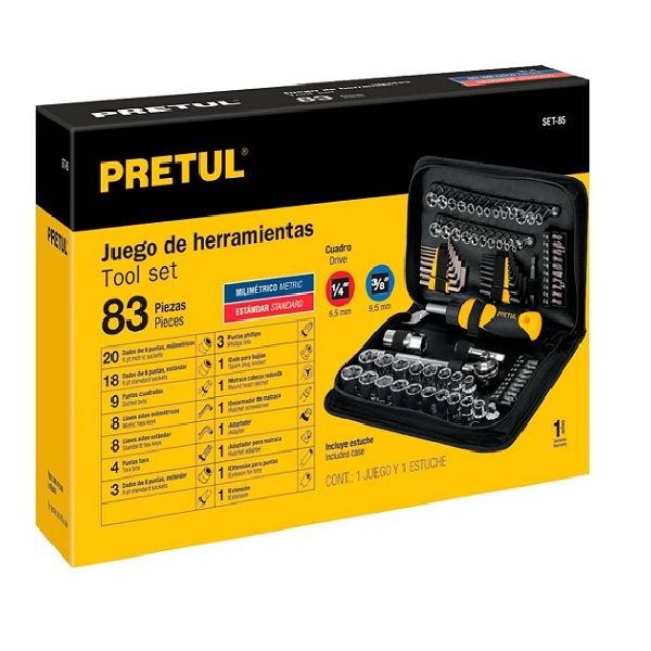 JUEGO DE HERRAMIENTAS MECANICA DADOS PUNTAS LLAVES ALLEN MALETIN 85 PIEZAS PRETUL