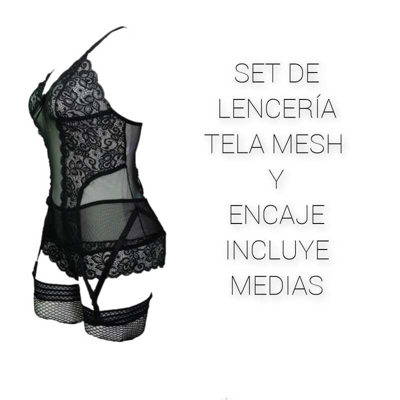 BABYDOLL BODIES LENCERIA TELA MESH Y ENCAJE PANTY Y MEDIAS SET DOLL-822
