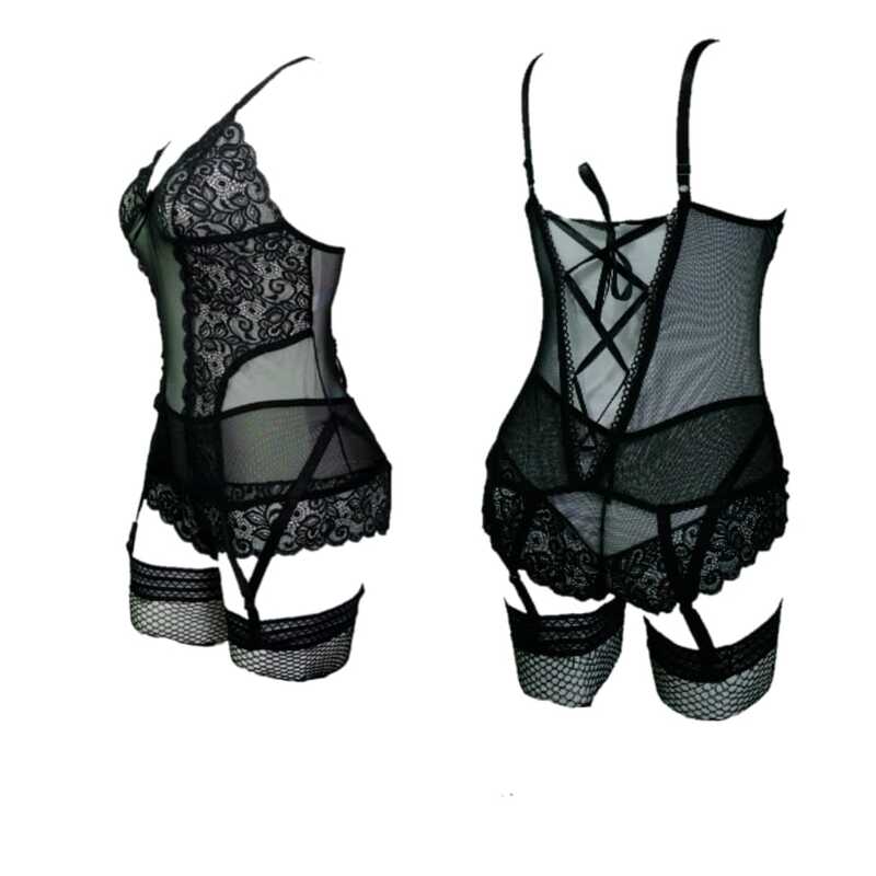 BABYDOLL BODIES LENCERIA TELA MESH Y ENCAJE PANTY Y MEDIAS SET DOLL-822