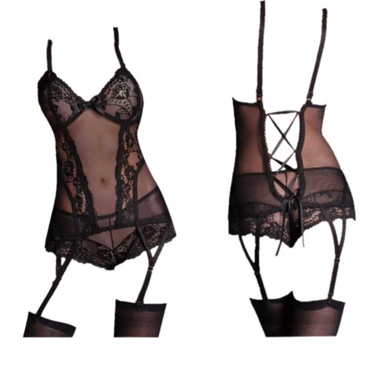 BABYDOLL BODIES LENCERIA TELA MESH Y ENCAJE PANTY Y MEDIAS SET DOLL-822