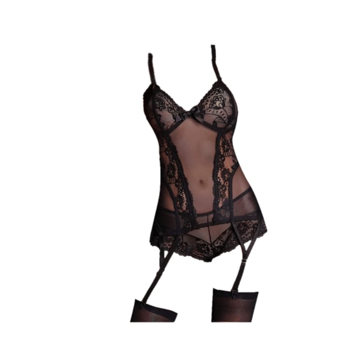 BABYDOLL BODIES LENCERIA TELA MESH Y ENCAJE PANTY Y MEDIAS SET DOLL-822