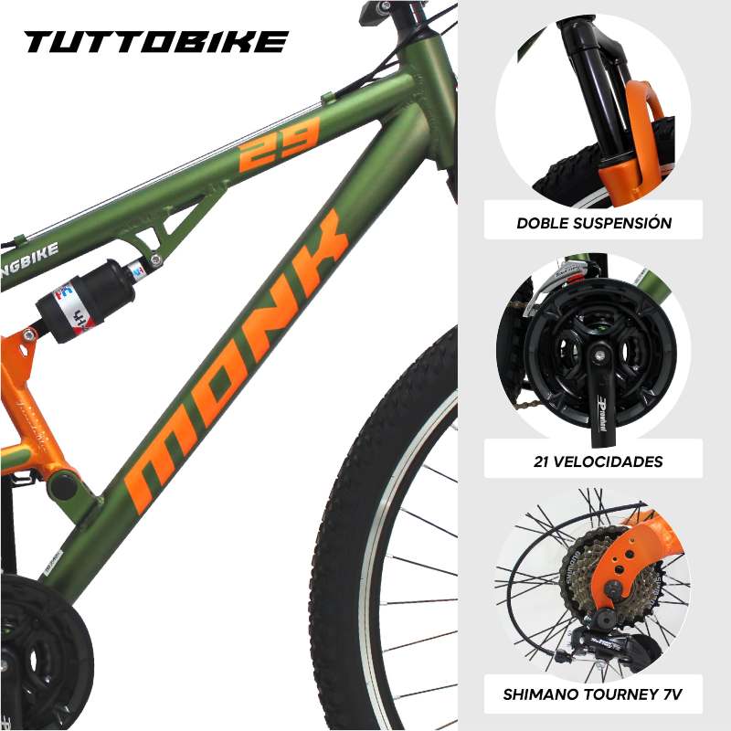 Bicicleta Montaña Rodada 29 21 Velocidades Monk FLASHINGBIKE Verde Naranja