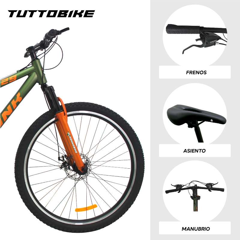 Bicicleta Montaña Rodada 29 21 Velocidades Monk FLASHINGBIKE Verde Naranja