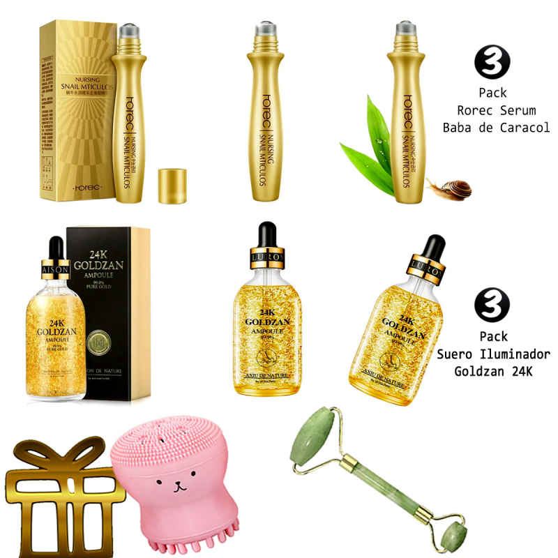 Serum Rorec Baba de Caracol x3 + Suero iluminador 24K Goldzan Partículas de Oro x3 + Regalo Cepillo Silicon + Rodillo Jade - 6PACK