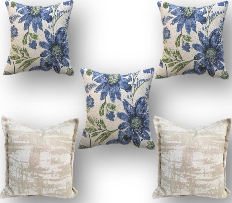 Set de 5 Cojines Decorativos colección Primavera Floral Azul de 50x50 para Sala, Sofá, Recamara, Cama, Suaves y Fáciles de lavar