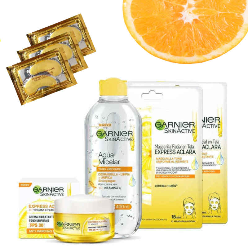 Garnier Express Aclara:crema, Agua Micelar, 2 Mascarilla Kit 