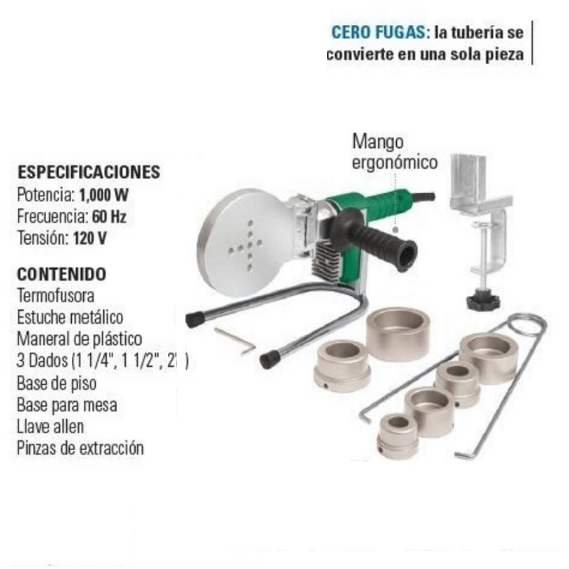 TERMOFUSORA PPR TUBO PLUS TUBERIA  1,000 W CON DADOS DE 40, 50 , Y 63 MM 