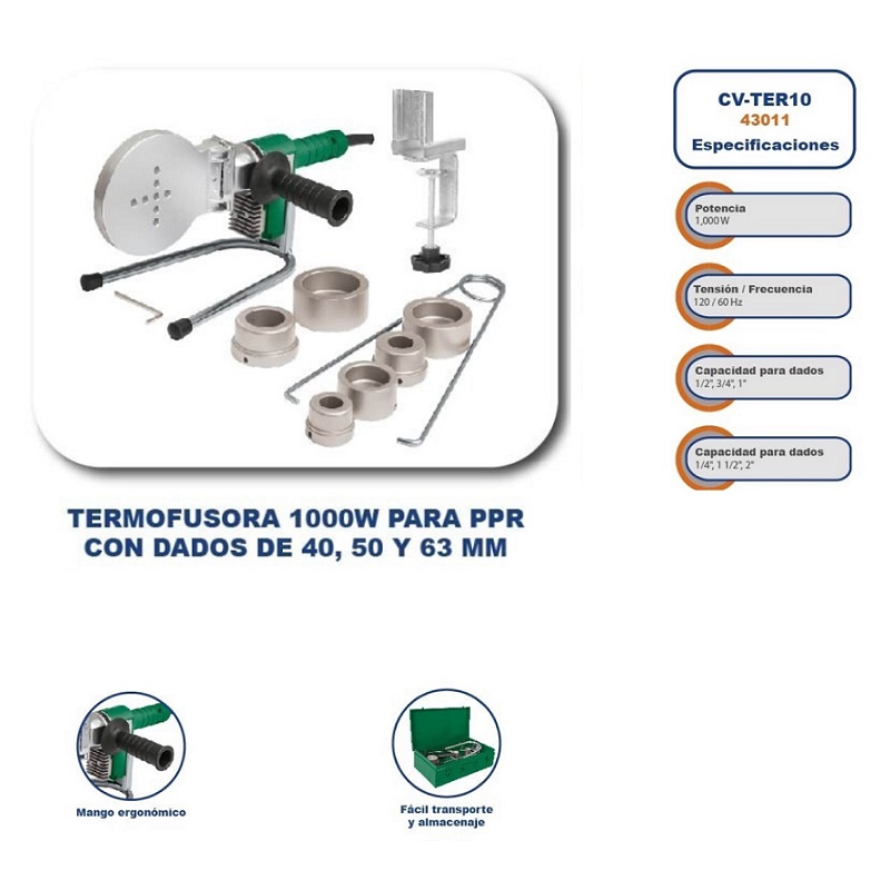 TERMOFUSORA PPR TUBO PLUS TUBERIA  1,000 W CON DADOS DE 40, 50 , Y 63 MM 