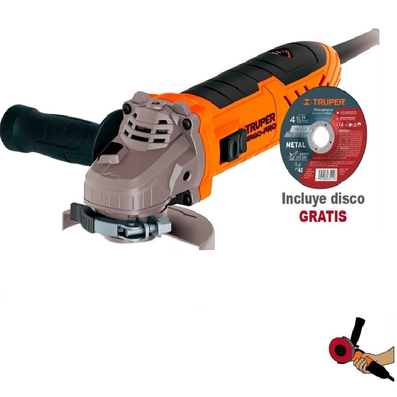 ESMERILADORA ANGULAR CORTADORA PULIDORA ERGO PRO 4-1/2" ANTIFATIGA 800 W PARA AZULEJO -TUBOS DE ACERO CERAMICA TRUPER 
