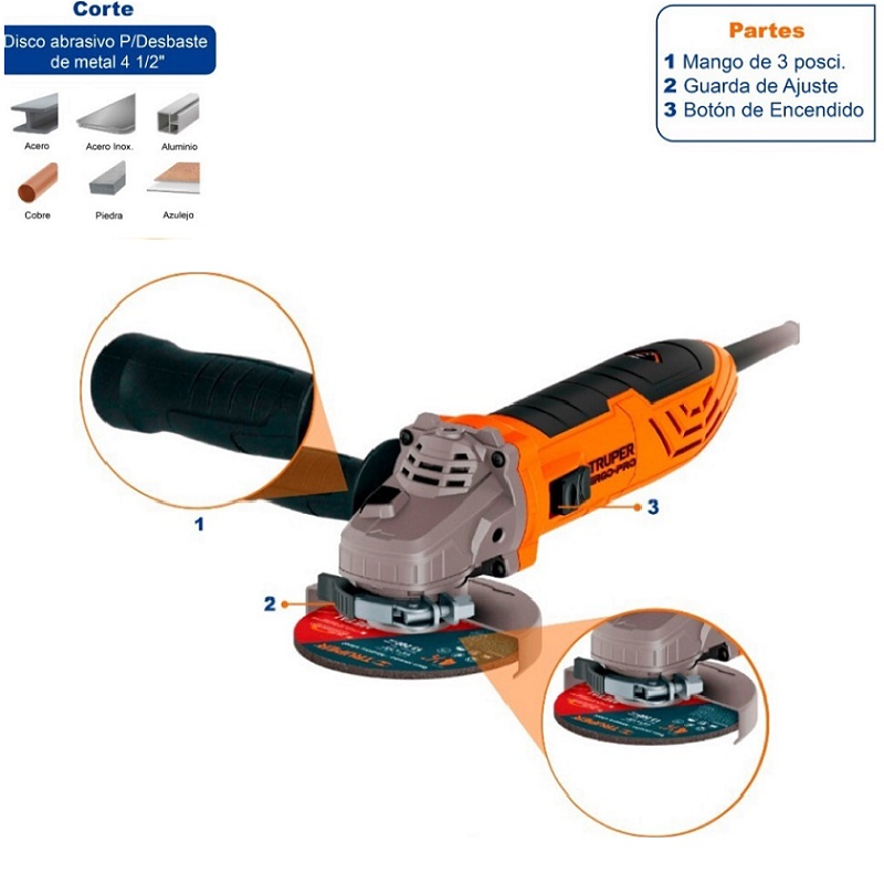 ESMERILADORA ANGULAR CORTADORA PULIDORA ERGO PRO 4-1/2" ANTIFATIGA 800 W PARA AZULEJO -TUBOS DE ACERO CERAMICA TRUPER 