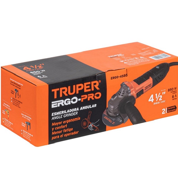 ESMERILADORA ANGULAR CORTADORA PULIDORA ERGO PRO 4-1/2" ANTIFATIGA 800 W PARA AZULEJO -TUBOS DE ACERO CERAMICA TRUPER 