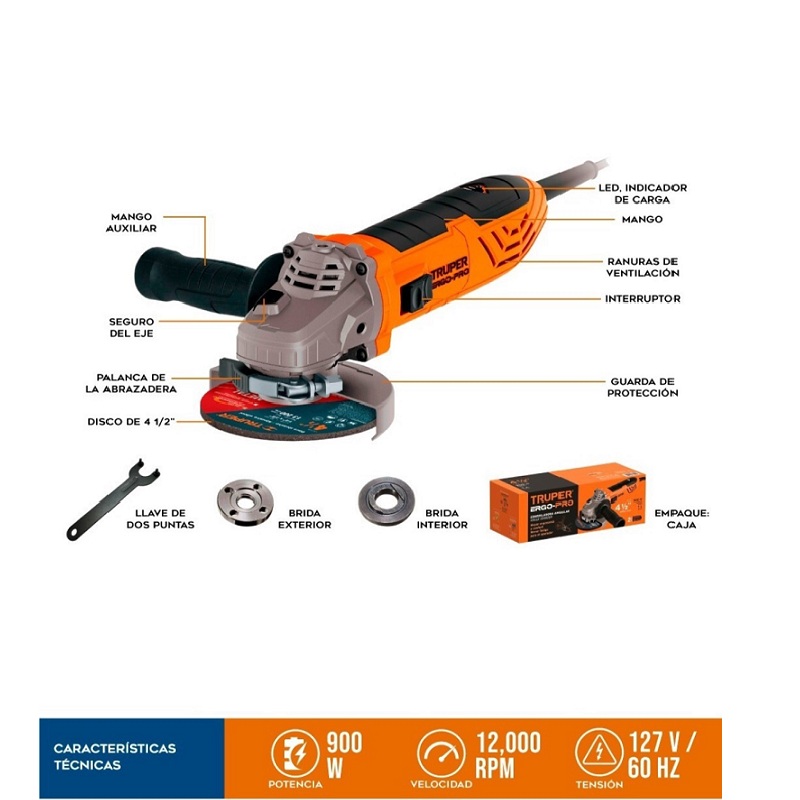 ESMERILADORA ANTIFATIGA-CORTADORA 4-1/2" PULIDORA ACERO-TUBOS -AZULEJO  950 W ERGO-4590 TRUPER 