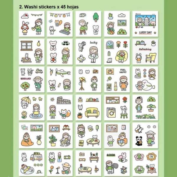 Kawaii Calcomania Estampa Sticker Caja Con 60 Hojas (Verde)