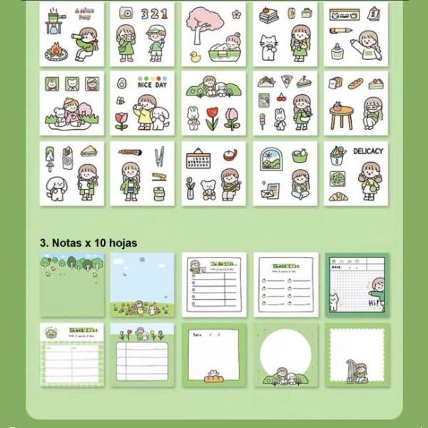 Kawaii Calcomania Estampa Sticker Caja Con 60 Hojas (Verde)