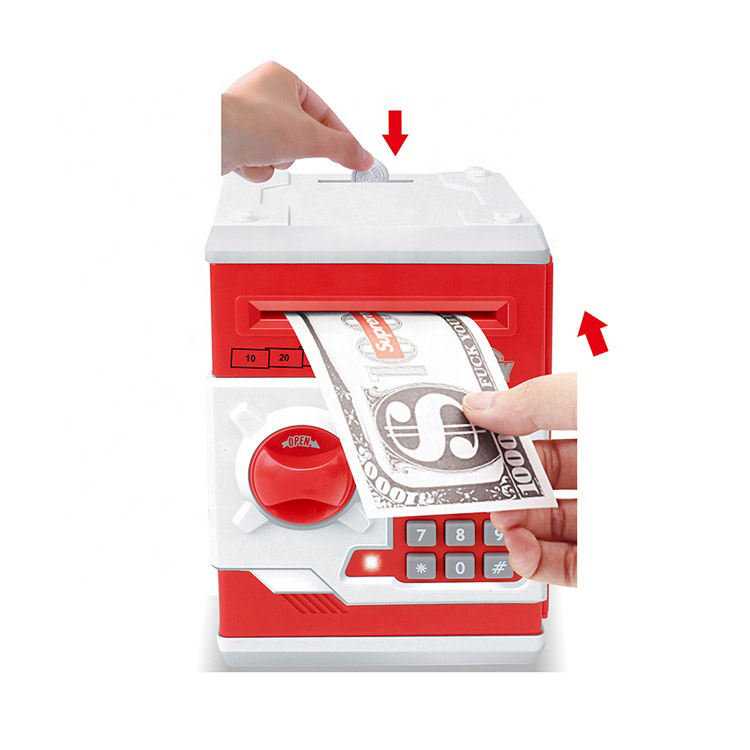 Mini cajero automático ATM máquina de Regalo para niños, con código electrónico, Contador de Dinero, Caja de Seguridad, para niños y niñas, con Cierre de contraseña (Rojo)