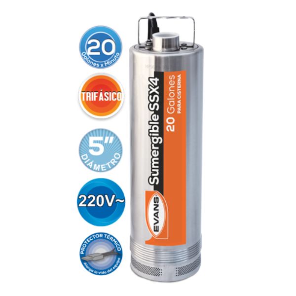 Bomba Sumergible Para Cisterna Evans 1.5hp 3f 20gpm Inox