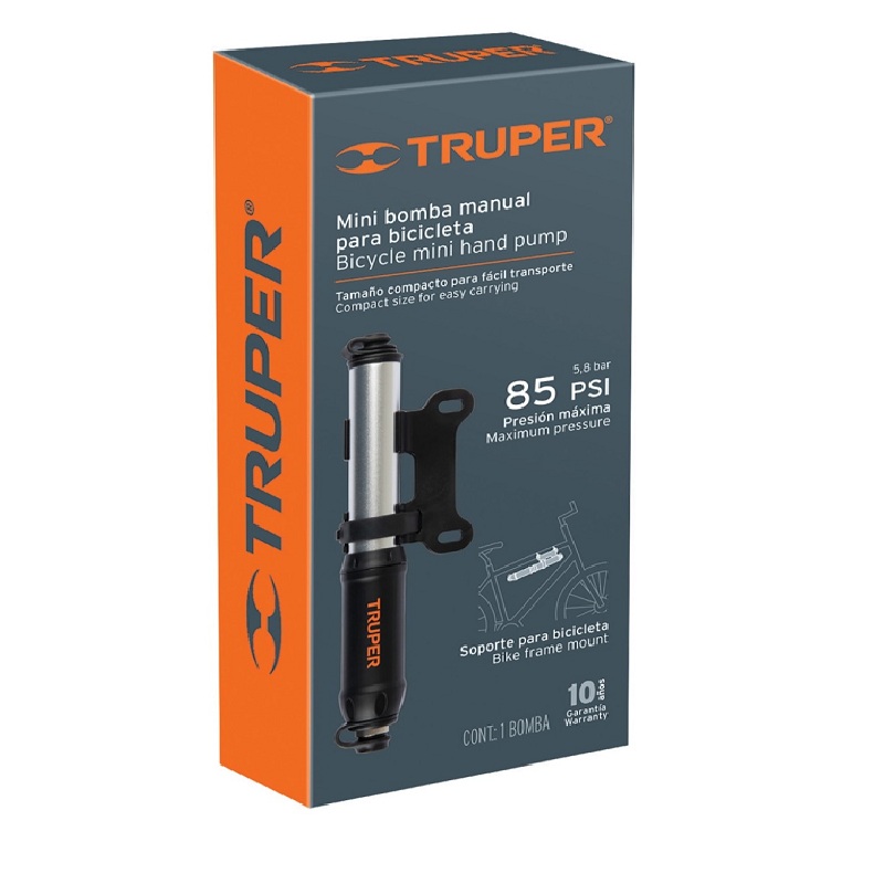  BOMBA MANUAL MINI NEGRA PARA BICICLETA ,ABATIBLE 85  PSI TRUPER CICLISMO