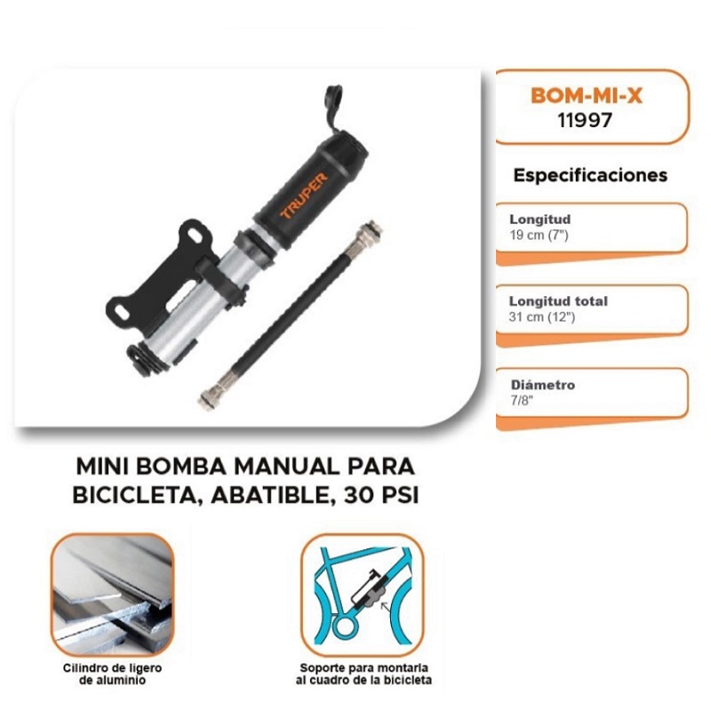 BOMBA MANUAL MINI NEGRA PARA BICICLETA ,ABATIBLE 85  PSI TRUPER CICLISMO