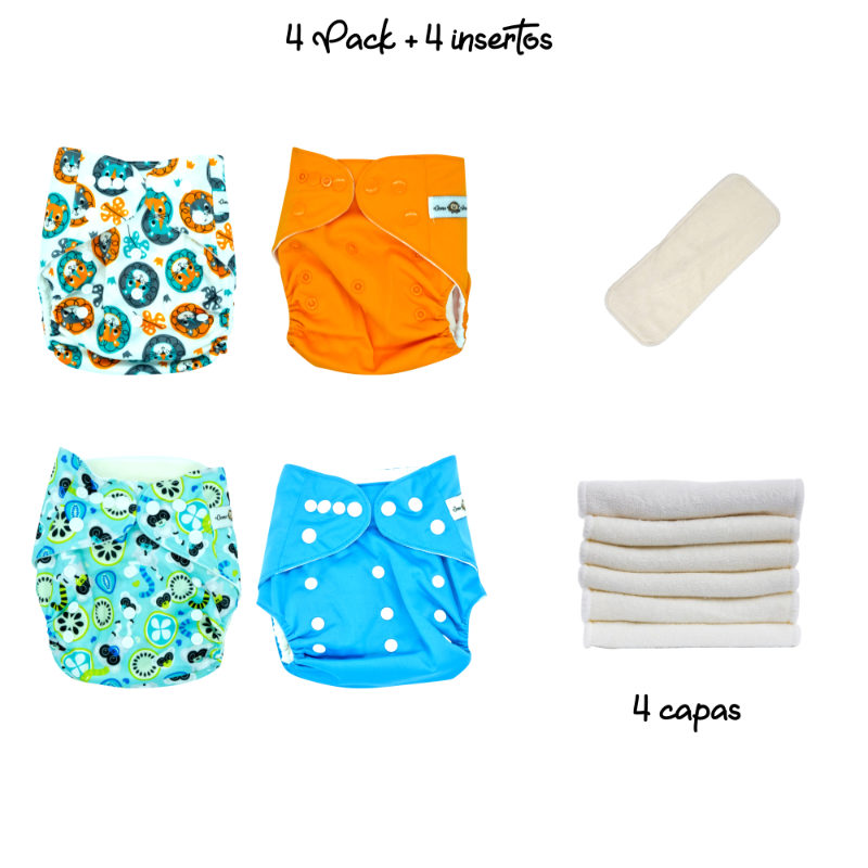 Paquete de 4 Pañales Ecológicos Dana Banana + 4 Insertos de Fibra de Bambú de 4 Capas