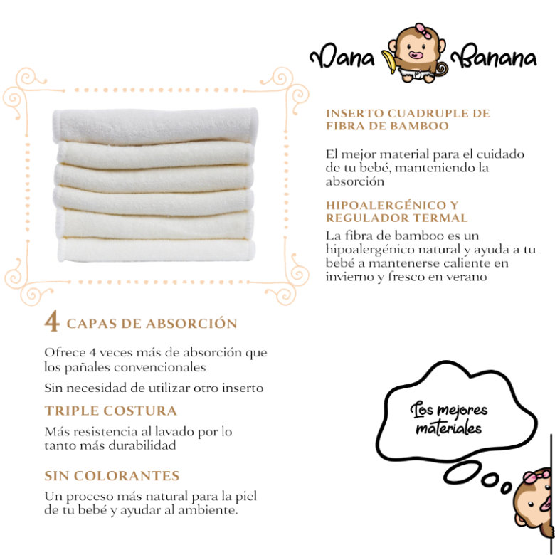 Paquete de 4 Pañales Ecológicos Dana Banana + 4 Insertos de Fibra de Bambú de 4 Capas