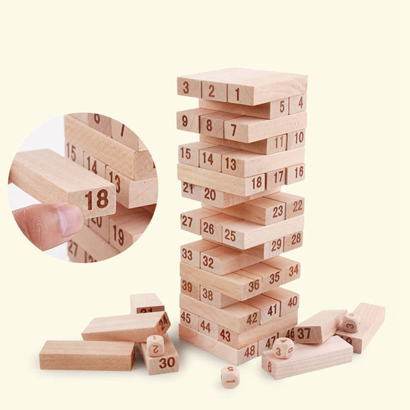 Bloques de madera apilables para niños,Jenga De Madera Con 4 Dados , 54 Números