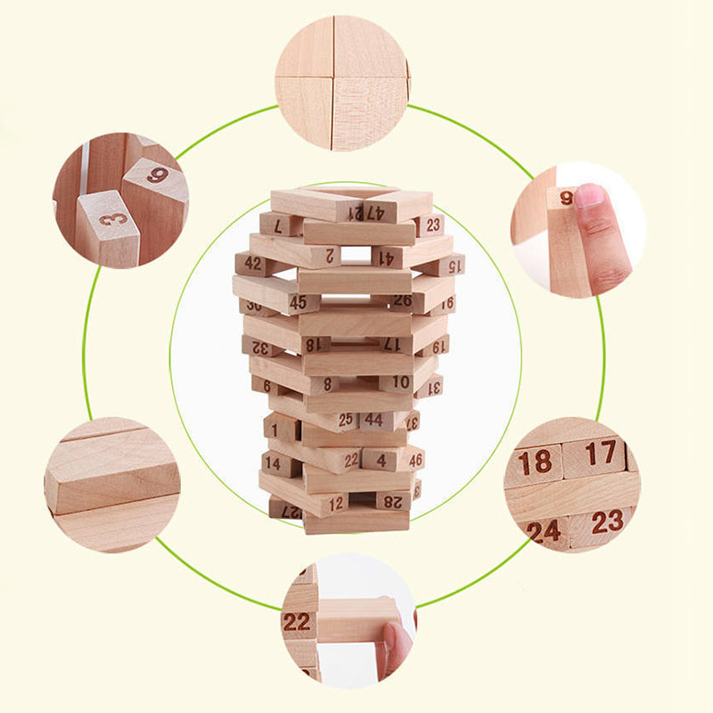 Bloques de madera apilables para niños,Jenga De Madera Con 4 Dados , 54 Números