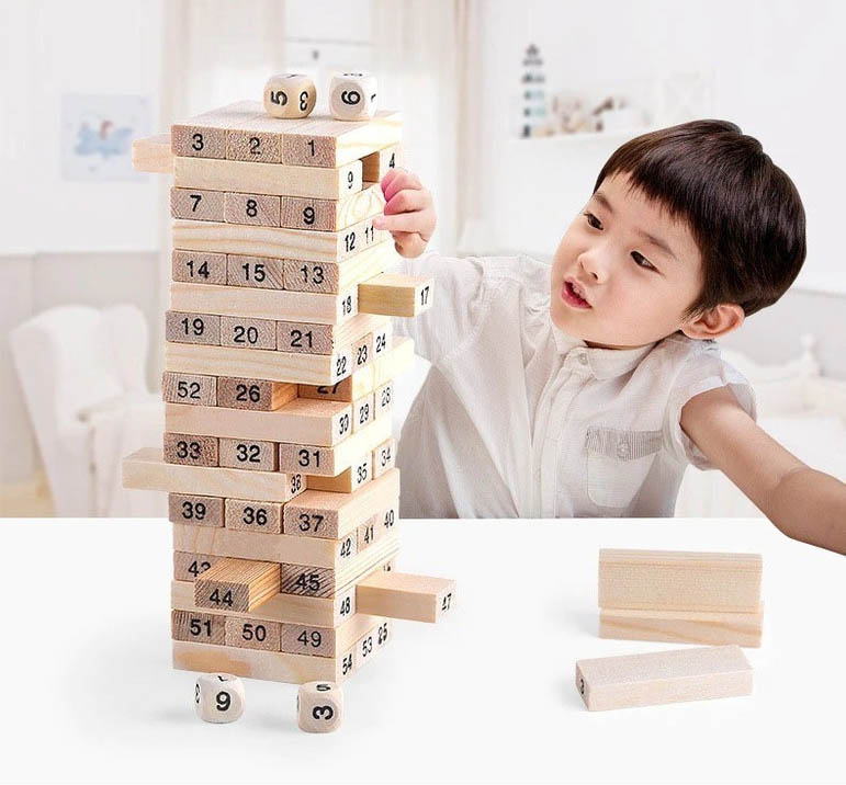 Bloques de madera apilables para niños,Jenga De Madera Con 4 Dados , 54 Números