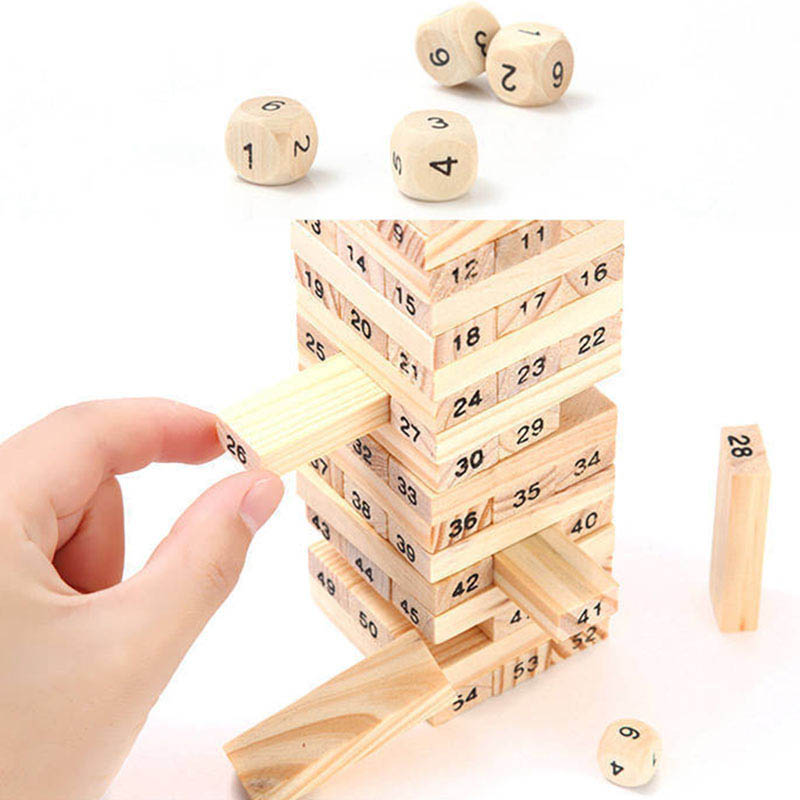 Bloques de madera apilables para niños,Jenga De Madera Con 4 Dados , 54 Números