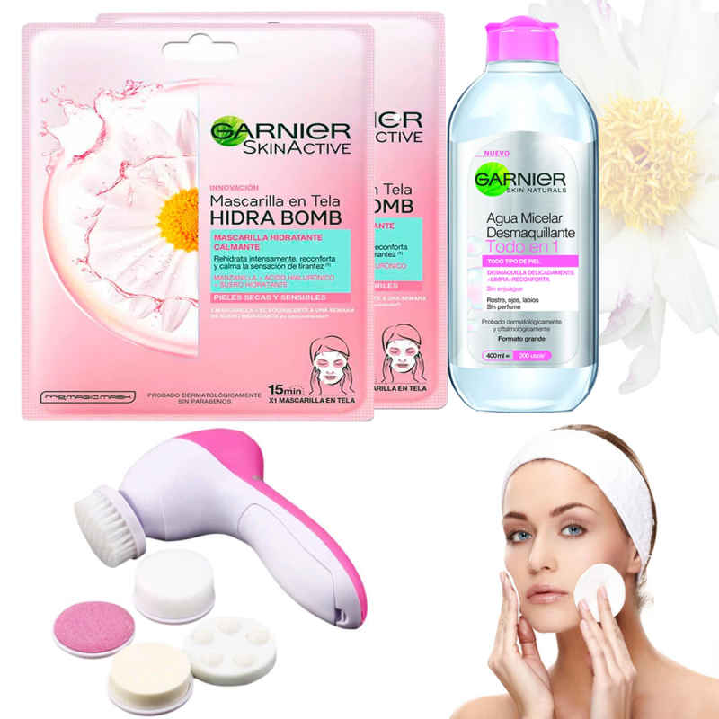 Kit Garnier Hidratante Mascarilla Hidra Bomb Agua Micelar Desmaquillante Tonificante Mas Cepillo Facial Limpiador 2 En 1