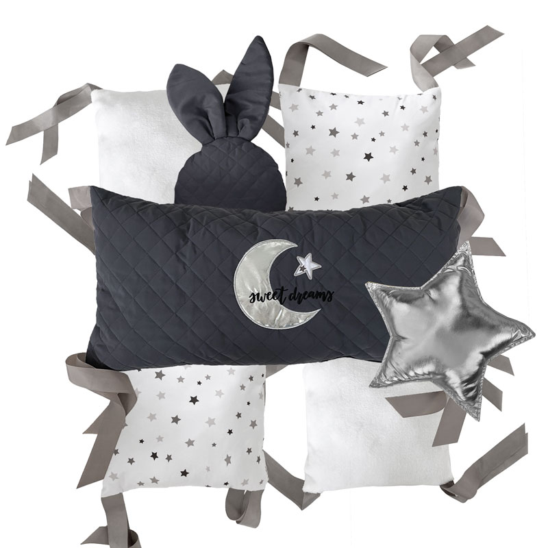 NATURE GARTEN Juego set de protectores para la cuna bebé CALIDAD PREMIUM Estrellas gris (MEDIA CAMA 8PZ)