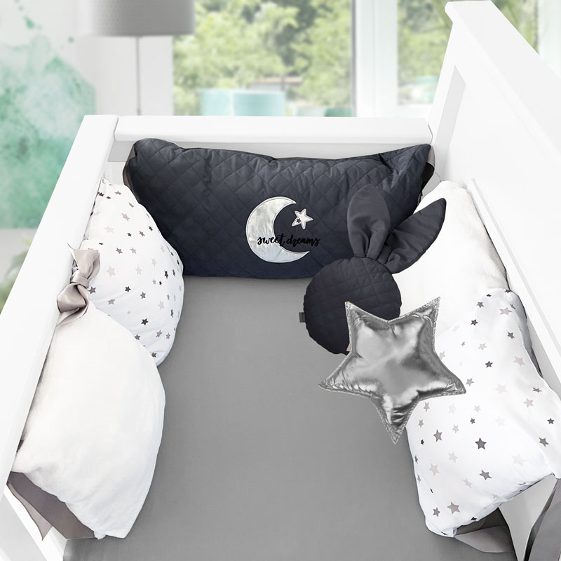 NATURE GARTEN Juego set de protectores para la cuna bebé CALIDAD PREMIUM Estrellas gris (MEDIA CAMA 8PZ)