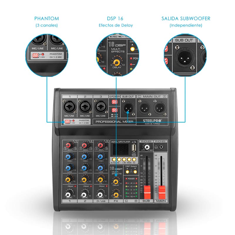 Mezcladora 4 Canales 3+subwoofer Xlr Bluetooth Usb - MIX-3.1PRO - Steelpro