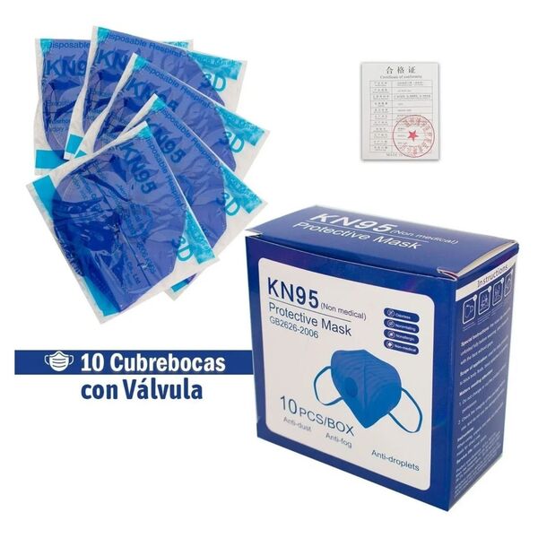 Cubrebocas Kn95 Azul Válvula Filtro Mascarilla N95 - 10 Piezas