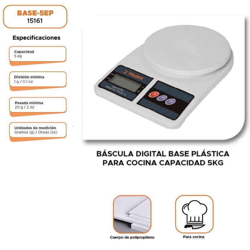 BASCULA DIGITAL PRECISA EXACTA GRAMERA  DE 1 GRAMO A 5 KG COCINA para ALIMENTOS BASE-5EP TRUPER