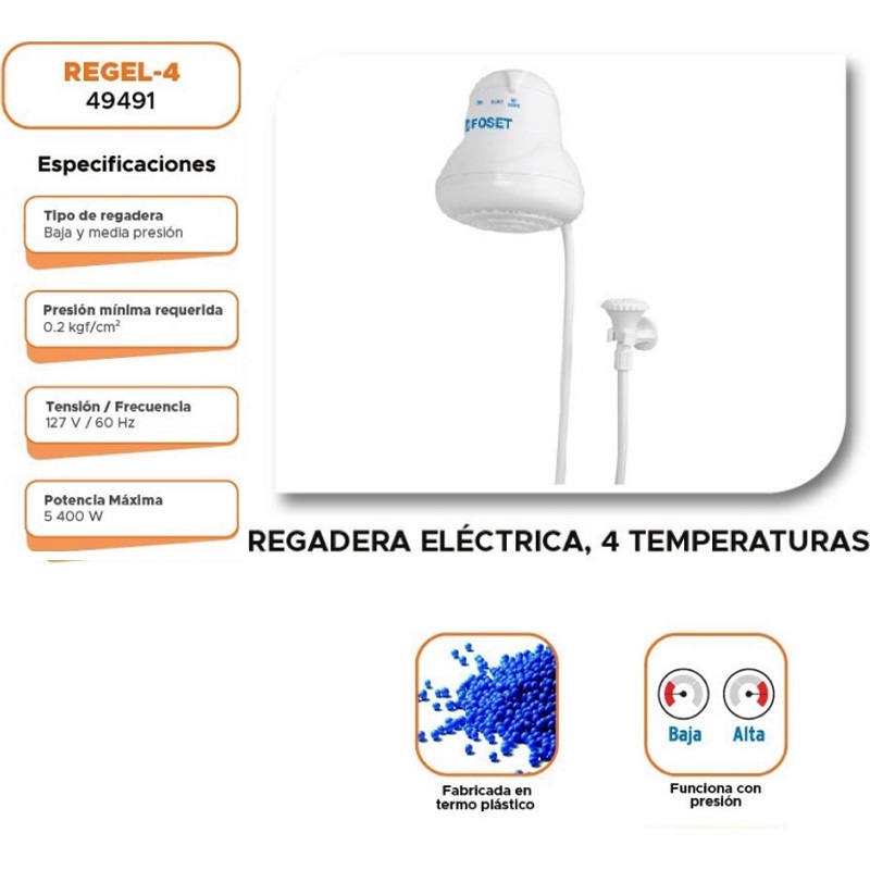 REGADERA ELÉCTRICA DE 4 TEMPERATURAS BLANCA AGUA CALIENTE FOSET 