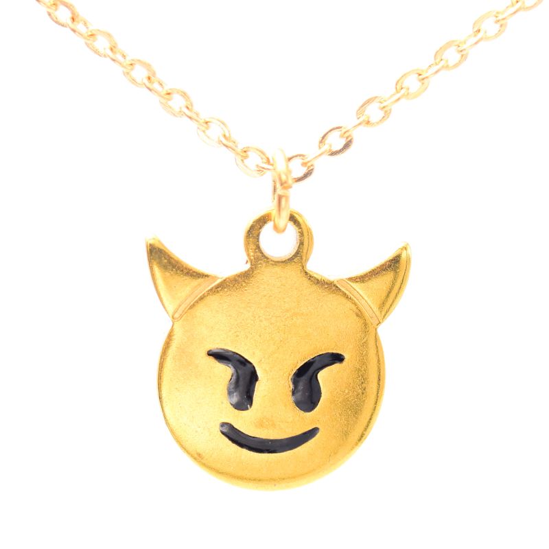 Joya Cadena Con Dije Emoji Diablito Dorado Acero