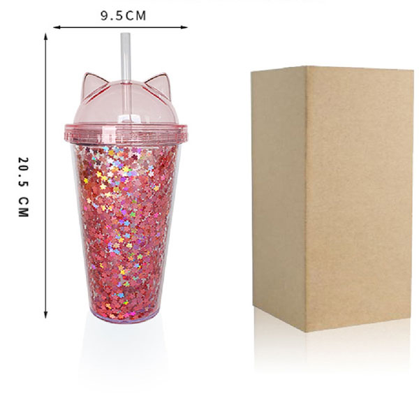 Vaso Glitter con Popote y Tapa con Orejas de Gato Gatito