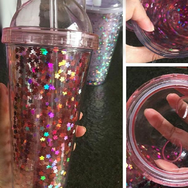 Vaso Glitter con Popote y Tapa con Orejas de Gato Gatito