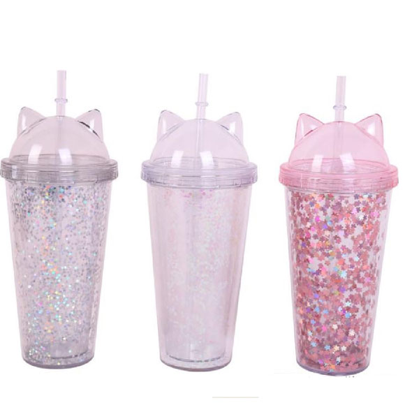 Vaso Glitter con Popote y Tapa con Orejas de Gato Gatito