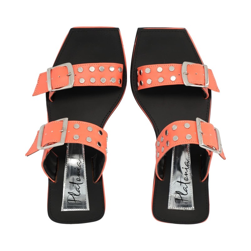 Sandalia Punta Cuadrada De Mujer Color Chabacano Con Estoperoles