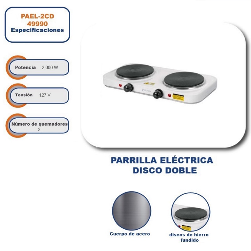 Parrilla eléctrica 2 quemadores, rectangular, Volteck Basic