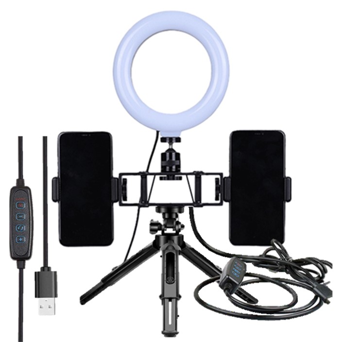 ARO DE LUZ 6 PULGADAS, 3 TIPOS DE LUZ INTENSIDAD VARIABLE SOPORTE 2 CELULARES