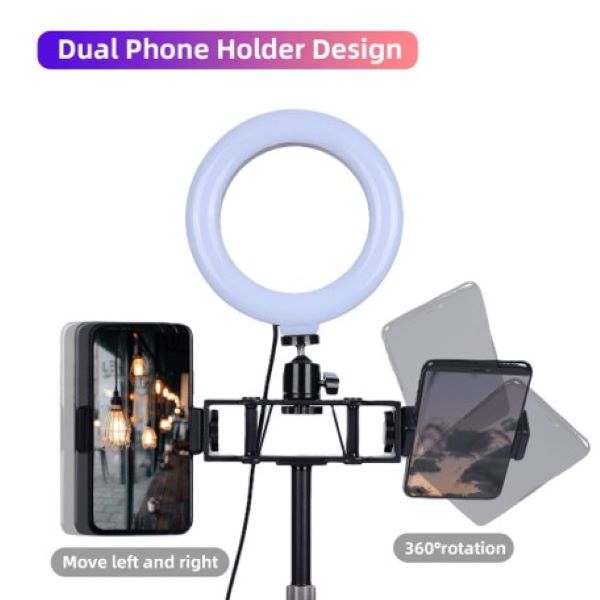 ARO DE LUZ 6 PULGADAS, 3 TIPOS DE LUZ INTENSIDAD VARIABLE SOPORTE 2 CELULARES