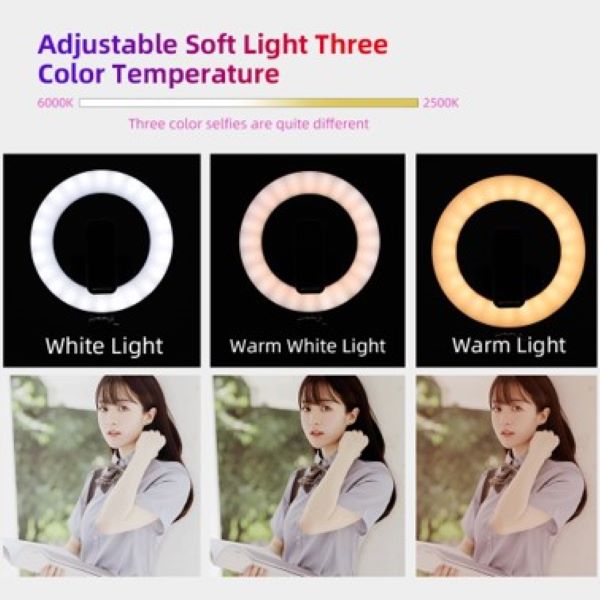 ARO DE LUZ 6 PULGADAS, 3 TIPOS DE LUZ INTENSIDAD VARIABLE SOPORTE 2 CELULARES