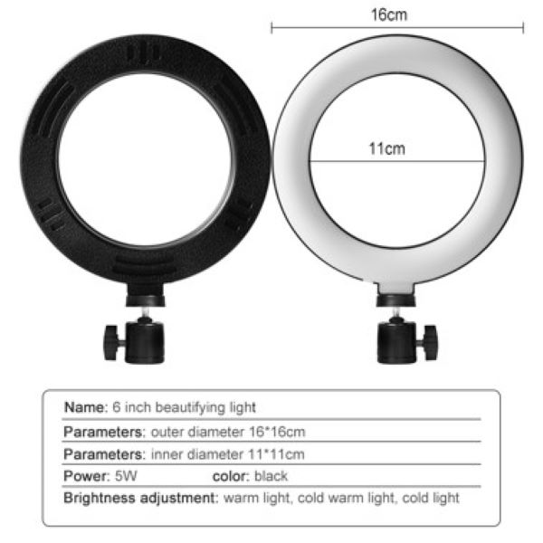 ARO DE LUZ 6 PULGADAS, 3 TIPOS DE LUZ INTENSIDAD VARIABLE SOPORTE 2 CELULARES