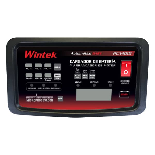 Cargador de Baterías 6 y 12 Volts Automático con Arrancador Wintek PCA4010 			
