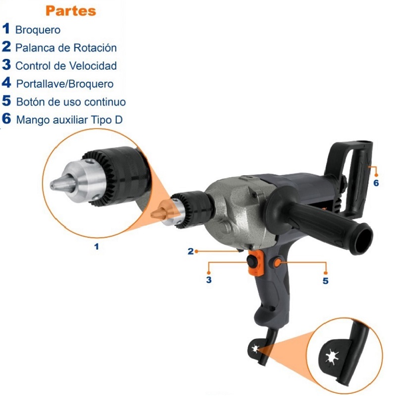 TALADRO TIPO ESPADA DE 1/2" PARA REVOLVER PINTURA CEMENTO MORTERO HACER MEZCLAS 1150 W INDUSTRIAL TRUPER