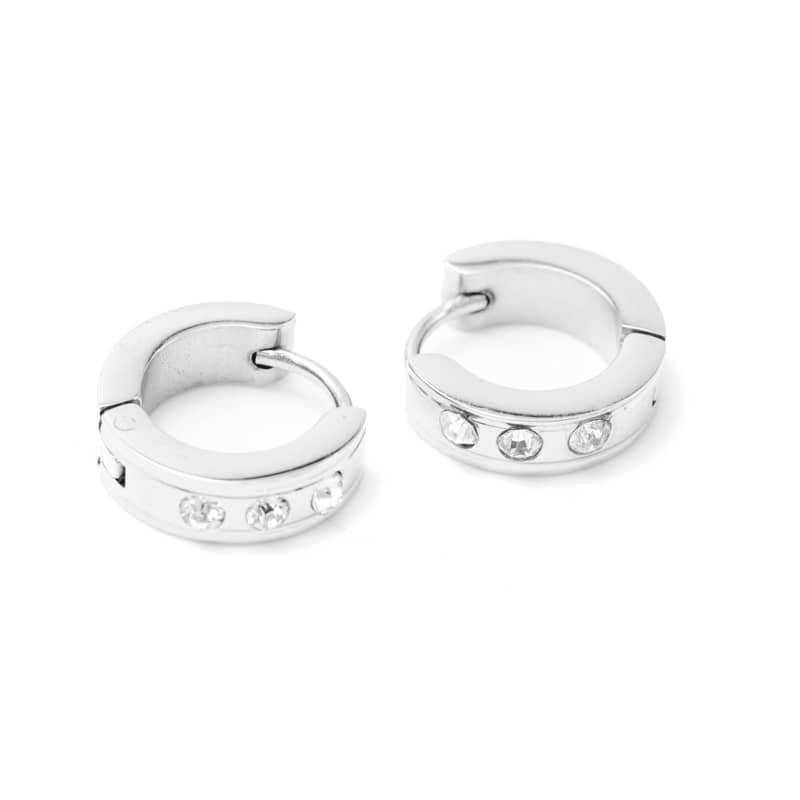Joya Aretes Broquel De Acero Inox Plateado C 3 Piedras Frontales