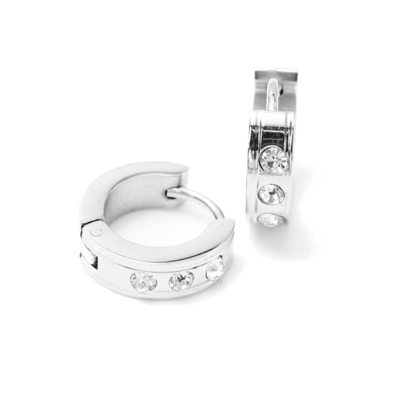 Joya Aretes Broquel De Acero Inox Plateado C 3 Piedras Frontales